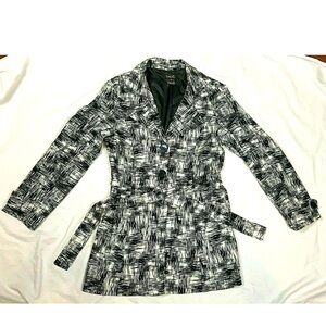 TALIE Black and White Geometric Belted Trench Coat Light Weight Jacket Size M